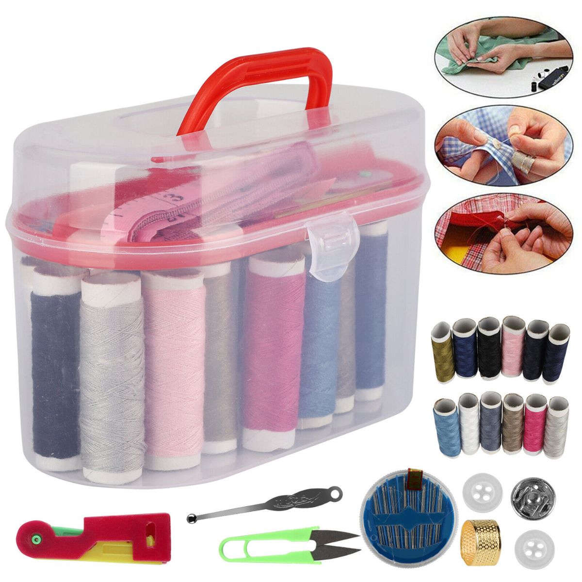 Travel Sewing Kit with Thread, Needles, Scissors, and Storage Box