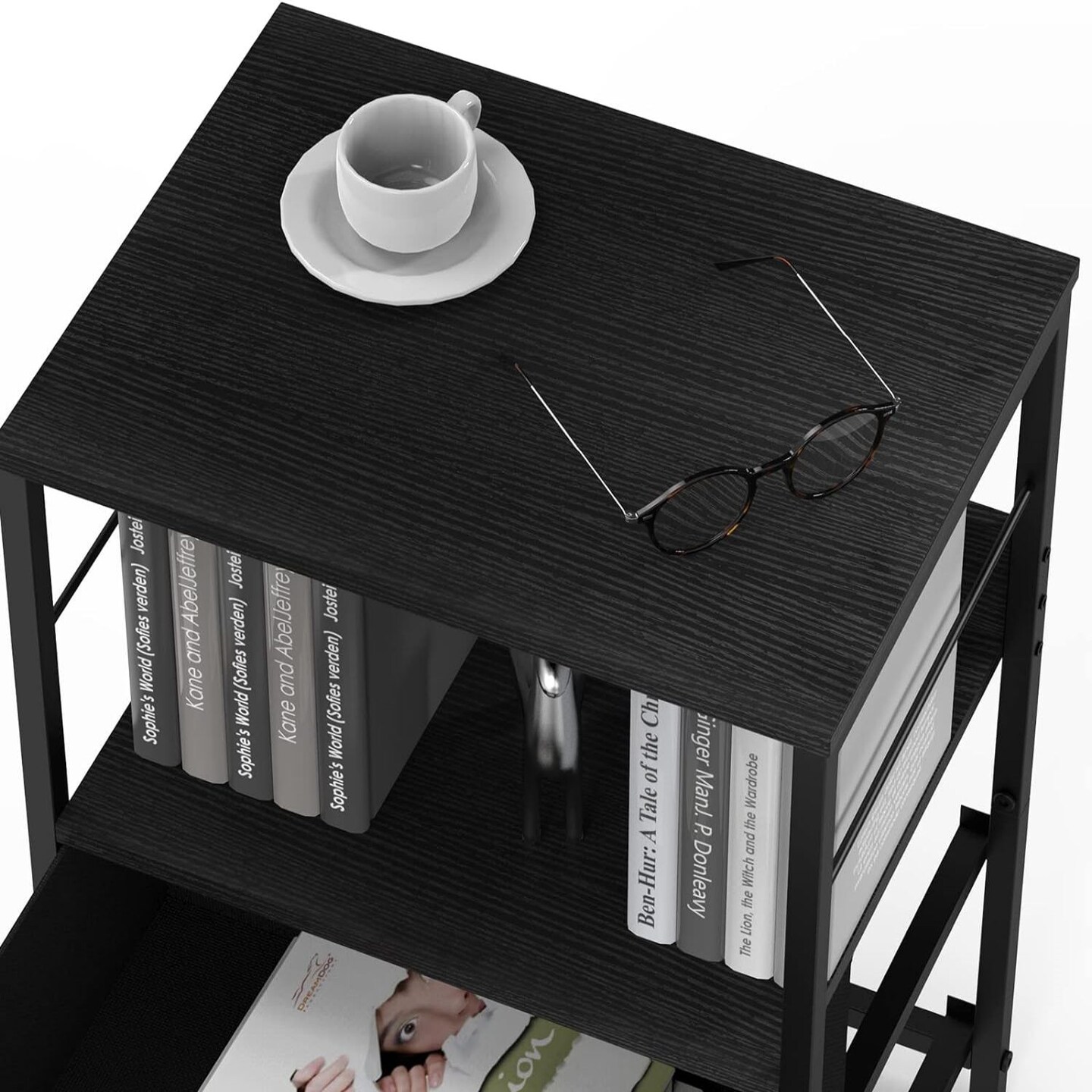 Nightstand Bedroom End Table with 2 Drawers and Open Shelf