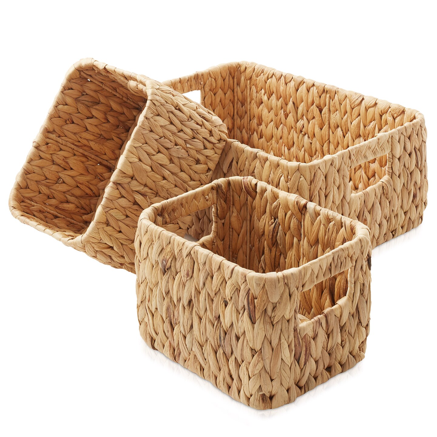 Casafield Set of 3 Water Hyacinth Storage Baskets for Shelves - Woven Organizers with Handles for Bathroom, Laundry, Pantry, Office