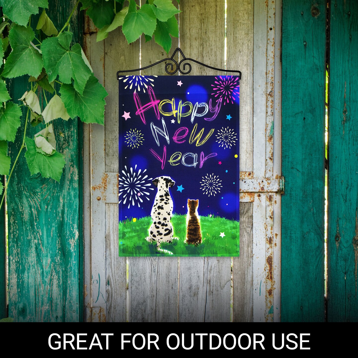 G128 Combo Pack Garden Flag Hanger 14IN & Garden Flag Happy New Year Dog and Cat 12x18IN Printed 150D Polyester