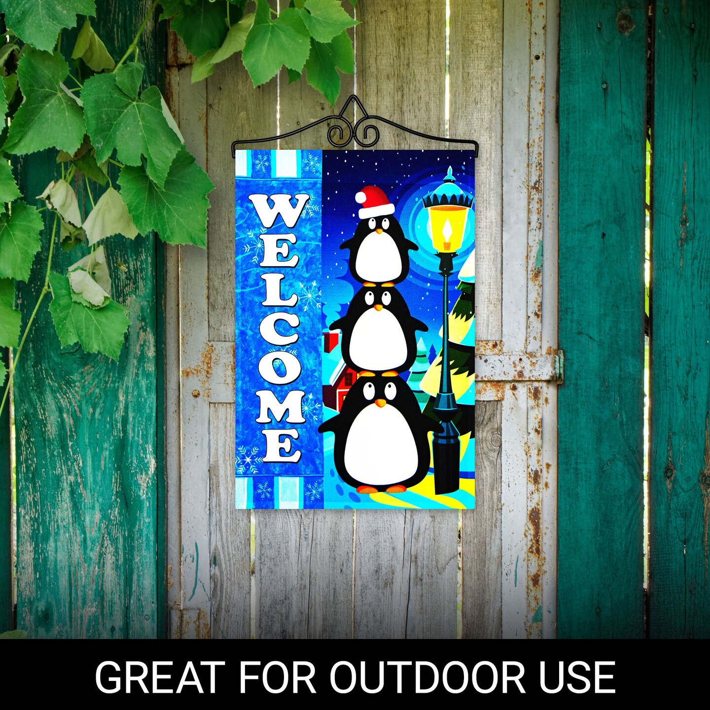 G128 Combo Pack Garden Flag Hanger 14IN & Garden Flag Welcome 3 Penguins 12x18IN Printed 150D Polyester