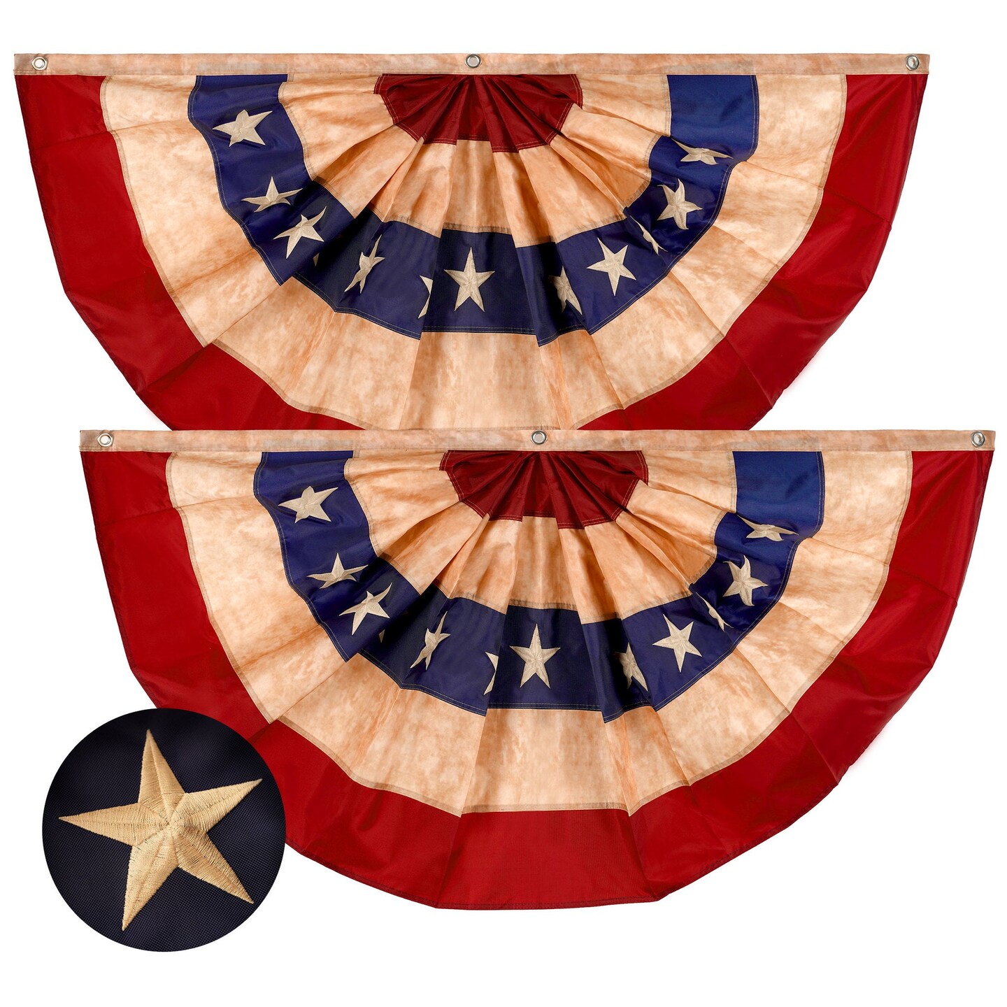 G128 - 2 Pack: USA Tea Stained Pleated Fan Flag 2x4FT Embroidered Polyester Stars and Stripes