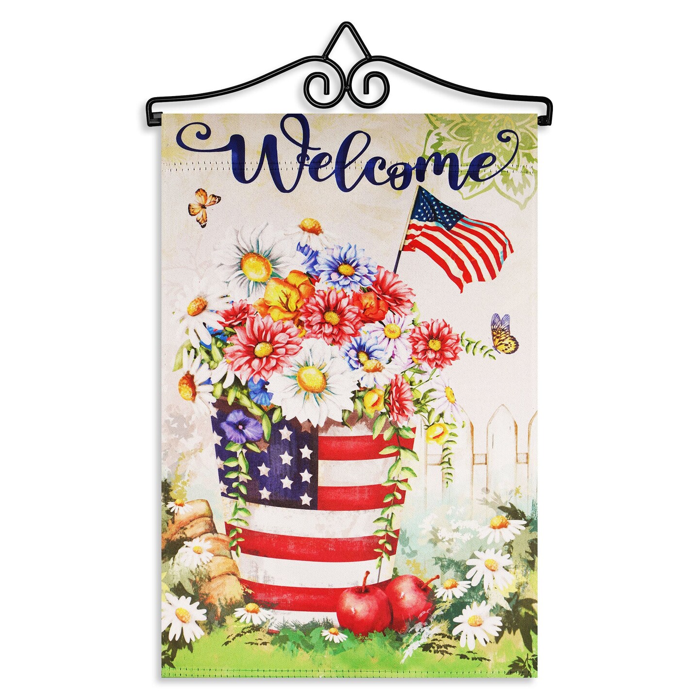 G128 Combo Pack Garden Flag Hanger 14IN & Garden Flag Garden Spring Bloom USA Flower Pot with Butterflies 12x18IN Printed 150D Polyester