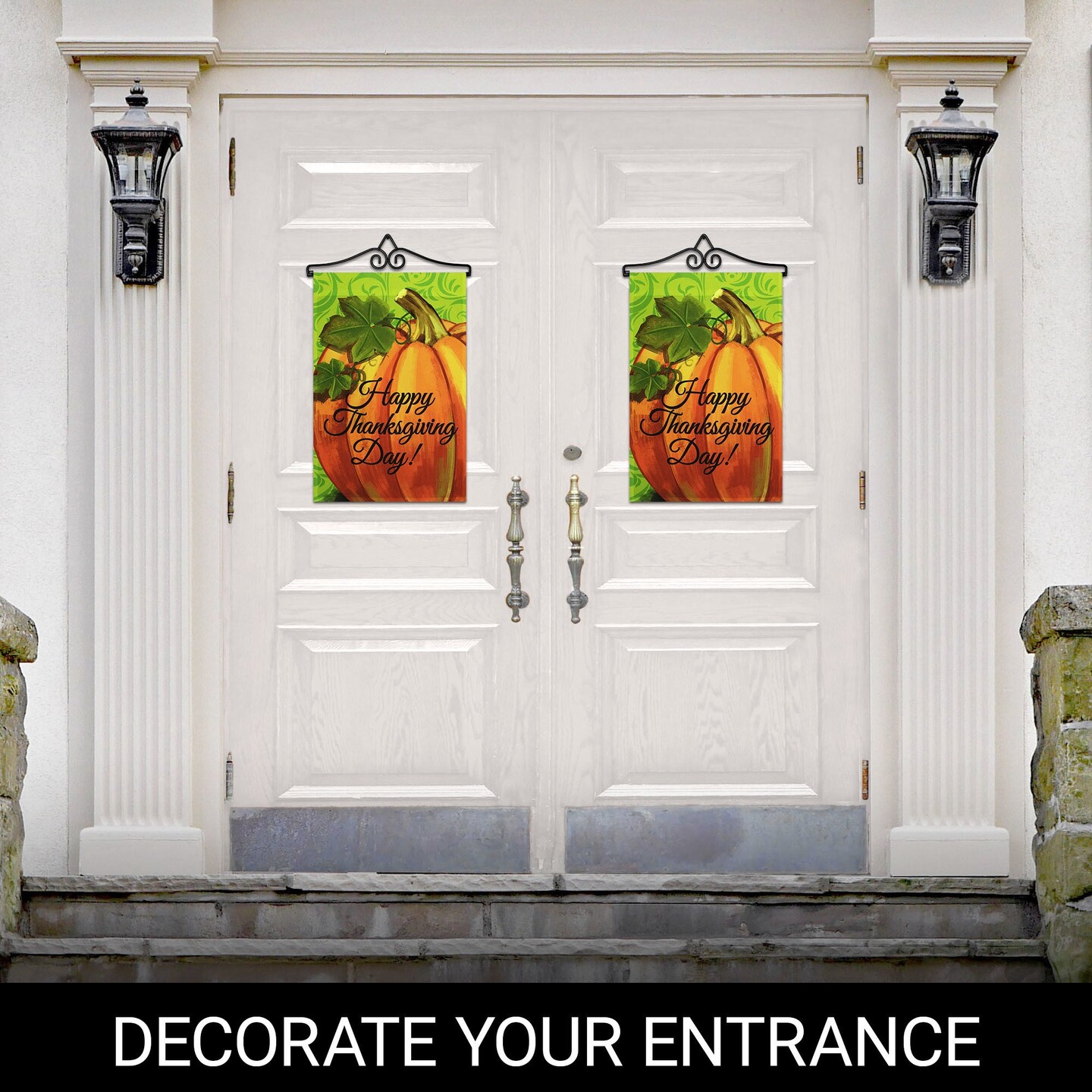 G128 Combo Pack Garden Flag Hanger 14IN &#x26; Garden Flag Happy Thanksgiving Pumpkin Green BG 12x18IN Printed 150D Polyester