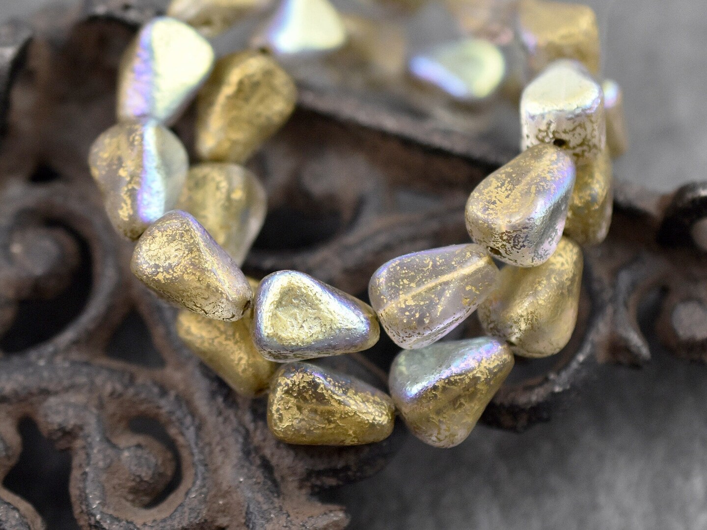 *12* 13x12mm Gold Washed Etched Crystal AB Vintage Style Drop Beads