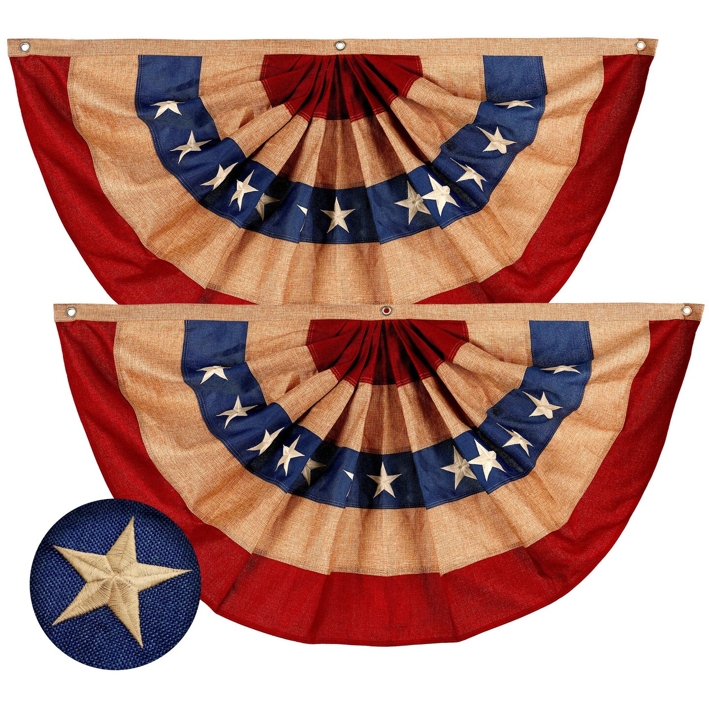 G128 - 2 Pack: USA Tea Stained Pleated Fan Flag 2x4FT Burlap Embroidered Polyester Stars and Stripes