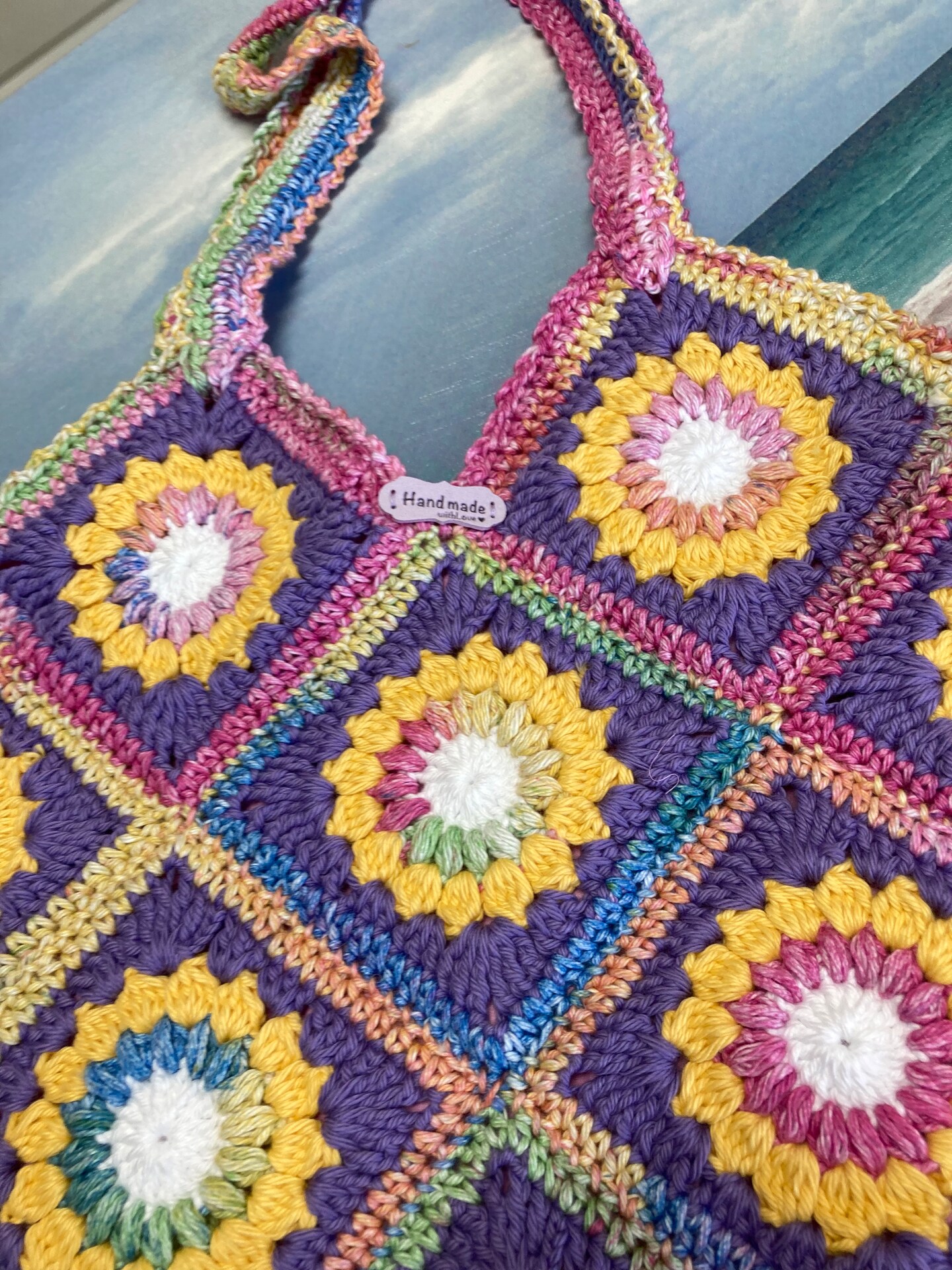 Crochet Granny Square Sunflower Hand or Shoulder Bag With Fabric