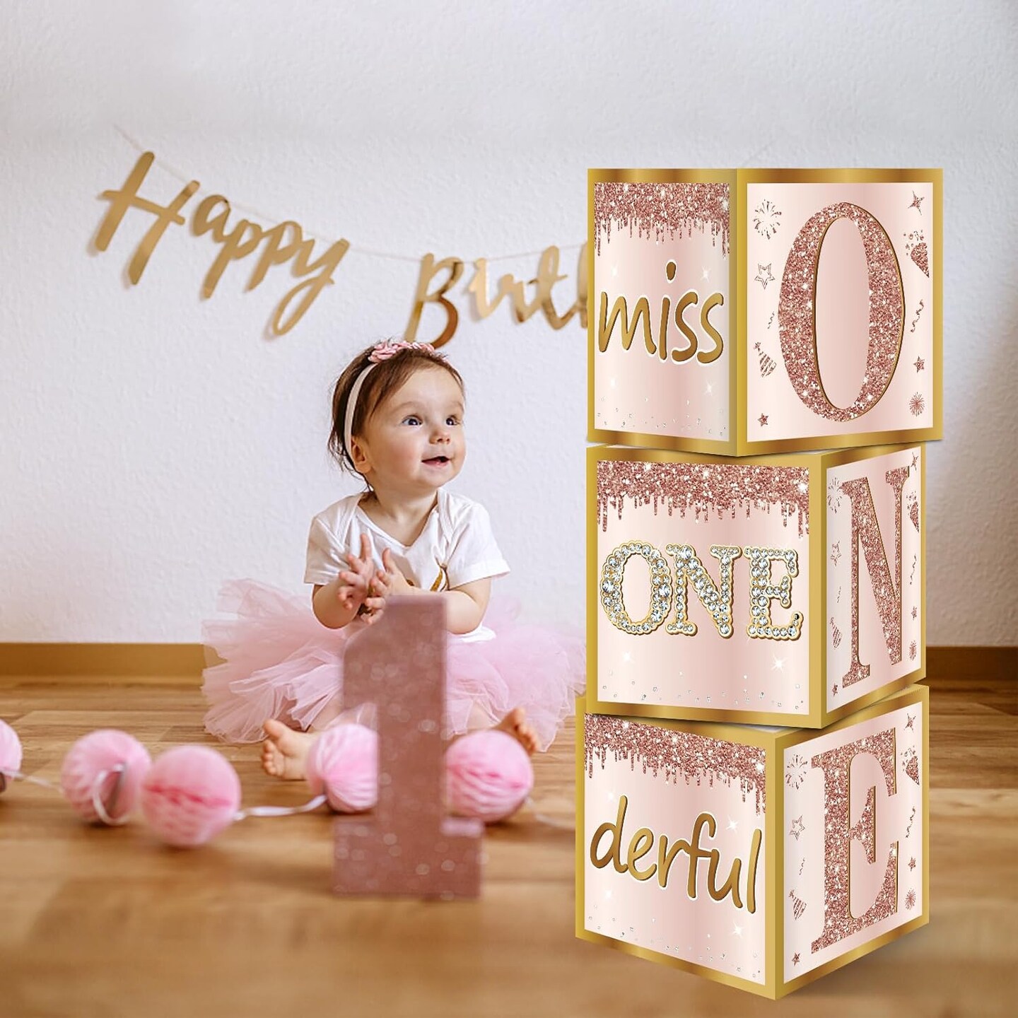 3Pcs 1st Birthday Boxes Party Supplies for Baby Girl, Pink Rose Gold Miss Onederful 1st Birthday Balloons Boxes Decoration, Pink One Year Old Birthday Theme Cardboard Box Decor