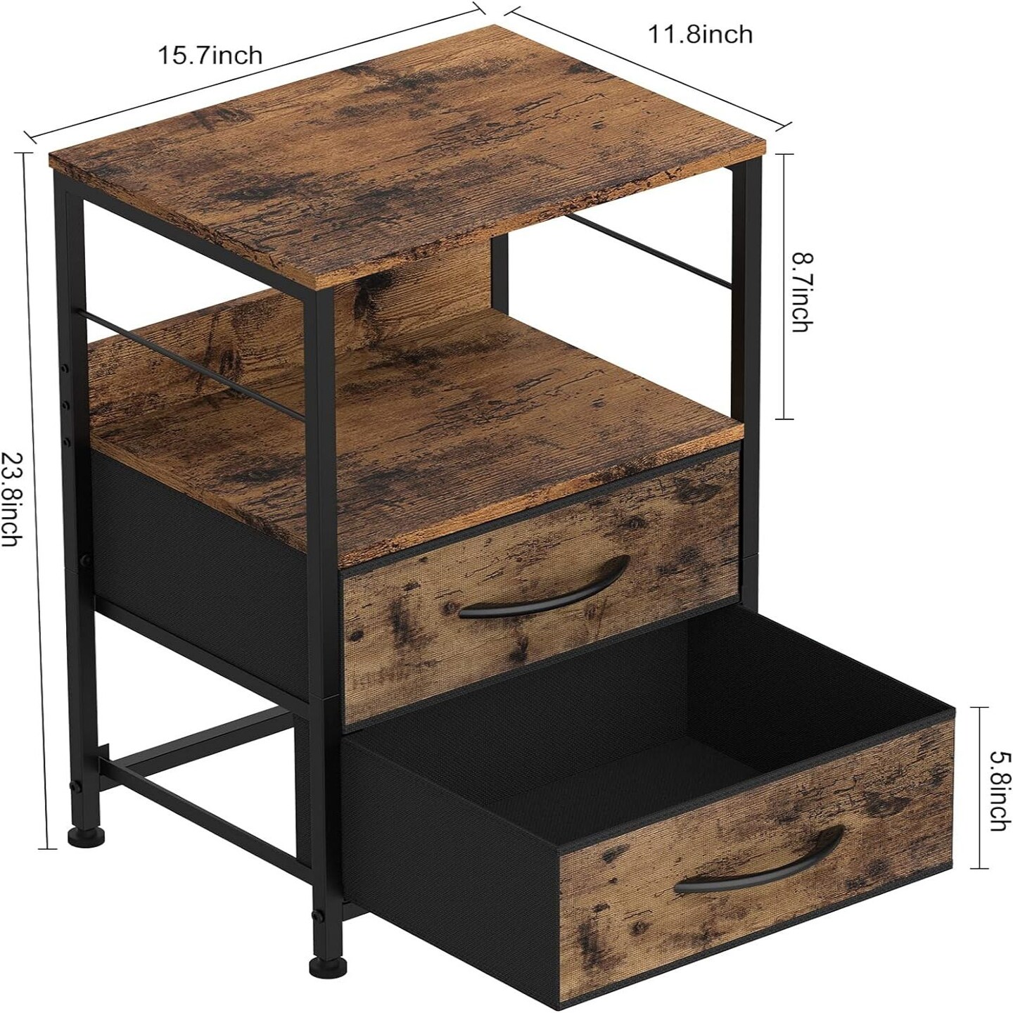 Nightstand Bedroom End Table with 2 Drawers and Open Shelf