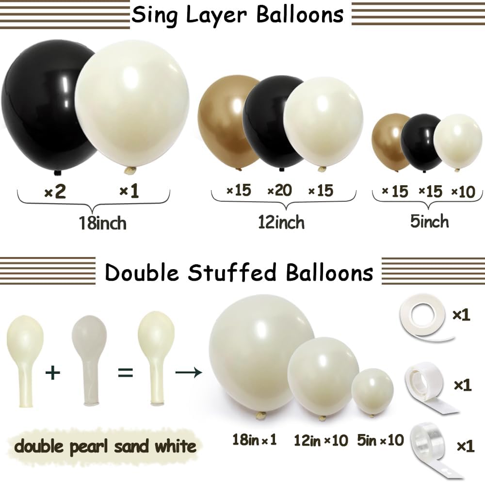 Black White Gold Balloon Garland Double Stuffed Pearl White Sand Balloons Champagne Metallic Gold Cream Neutral Balloon Arch Kit For Birthday New Year Graduation Wedding Bachelorette Party Decoration