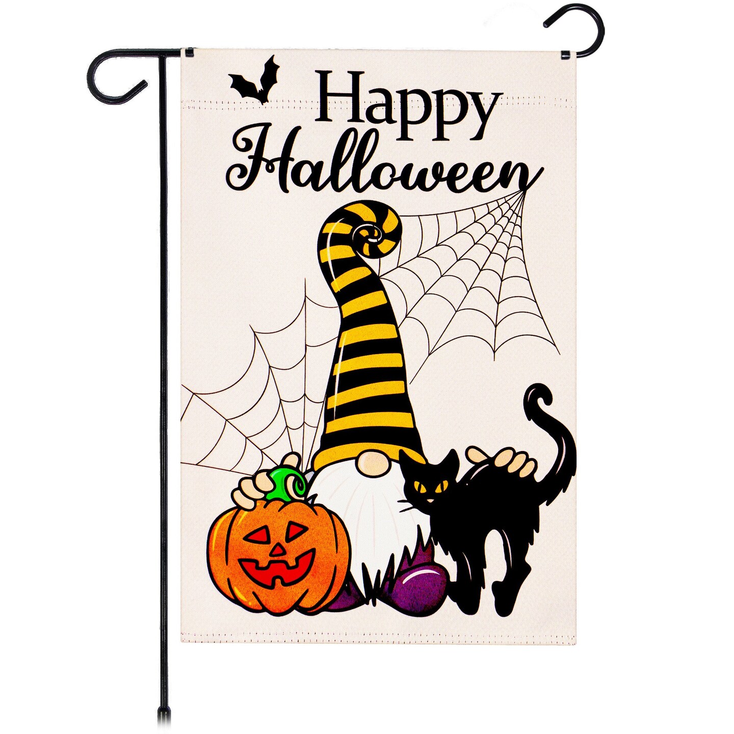 G128 Garden Flag Happy Halloween Gnome with Pumpkin and Black Cat 12"x18" Blockout Fabric