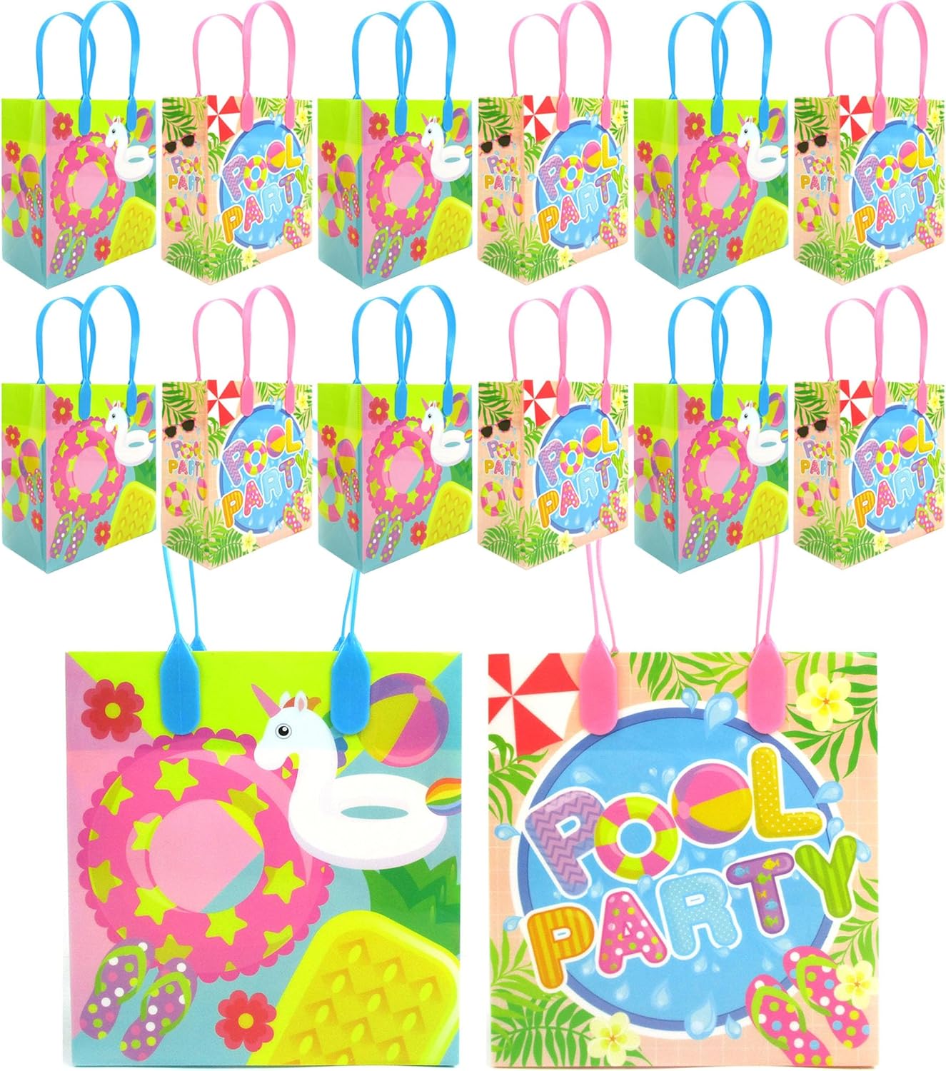 TINYMILLS Pool Party Summer Themed Party Favor Bags Treat Bags with Handles, Pack of 12