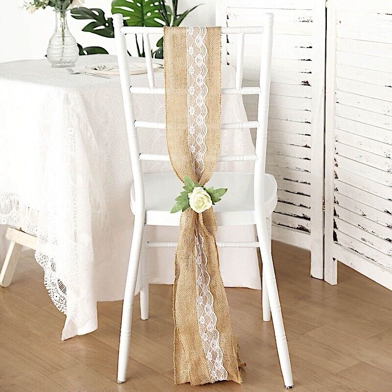 5x108-Inch Natural BURLAP CHAIR SASH White Floral Lace