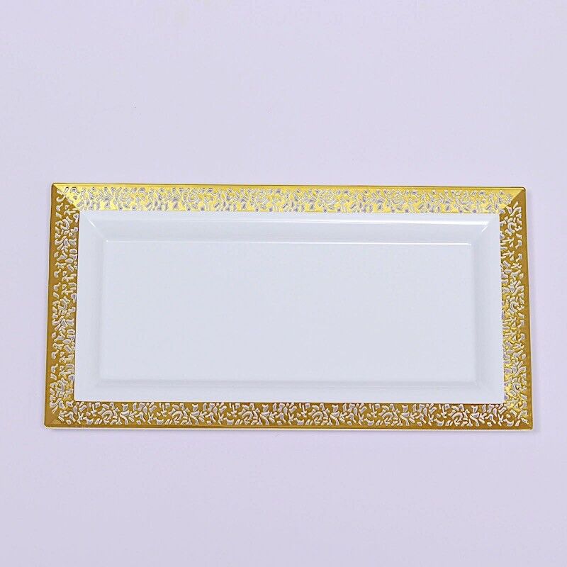 4 White Rectangular SERVING TRAYS Gold Metallic Lace Rim Design