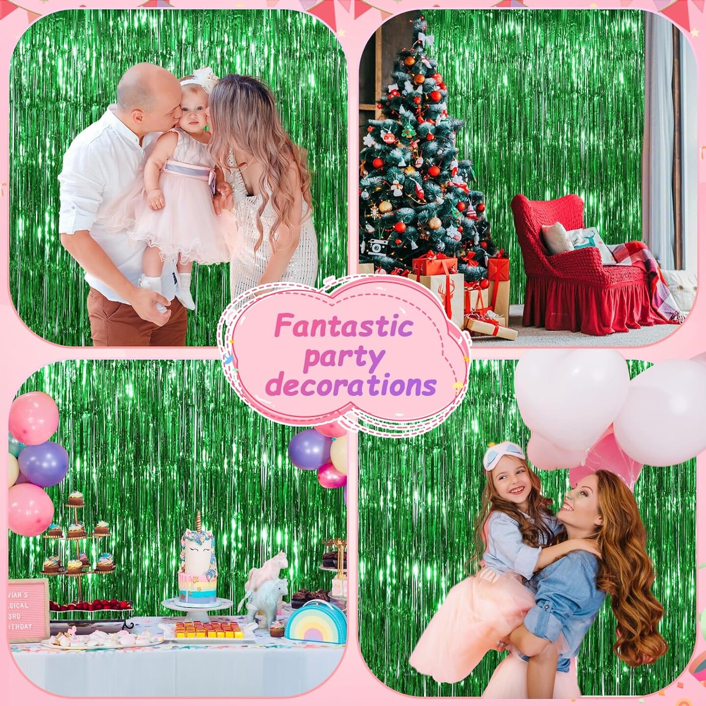 Green Party Streamers 3.3x8.3 Feet Metallic Foil Fringe Curtains 3Pack Tinsel Door Streamers Party Decorations for Christmas New Year Patrick's Day Hawaiian Jungle Safari Tropical Football Party Decor