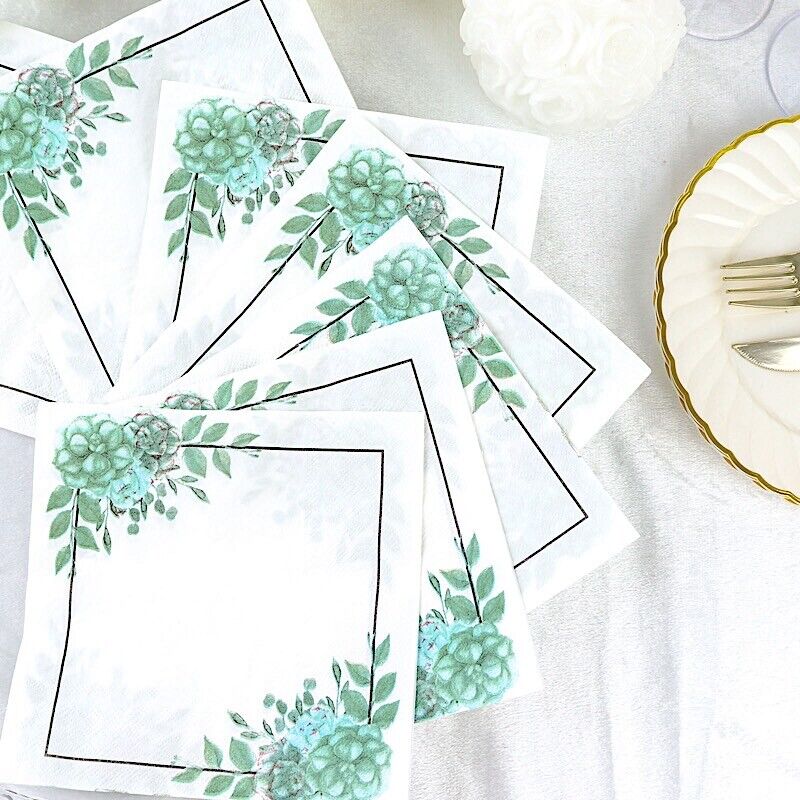 20 White Green 13x13 in Floral Dinner Paper NAPKINS