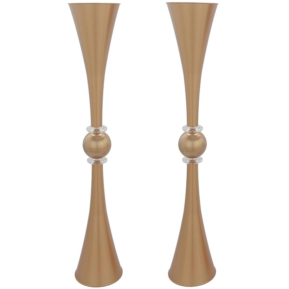 2 Metallic 31" Gold Plastic Reversible Trumpet Flower VASES Crystals