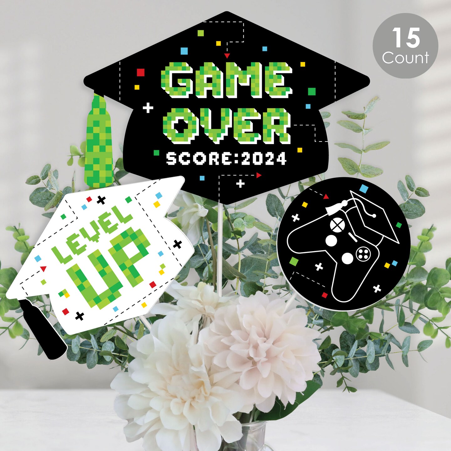 Big Dot of Happiness Game Over - Video Game Graduation Party Centerpiece Sticks - Table Toppers - Set of 15