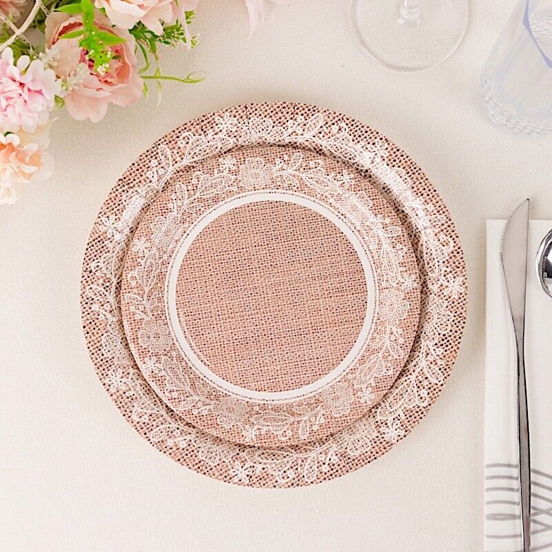 25 Natural 7 in Burlap Print White Floral Lace Trim Salad Paper PLATES