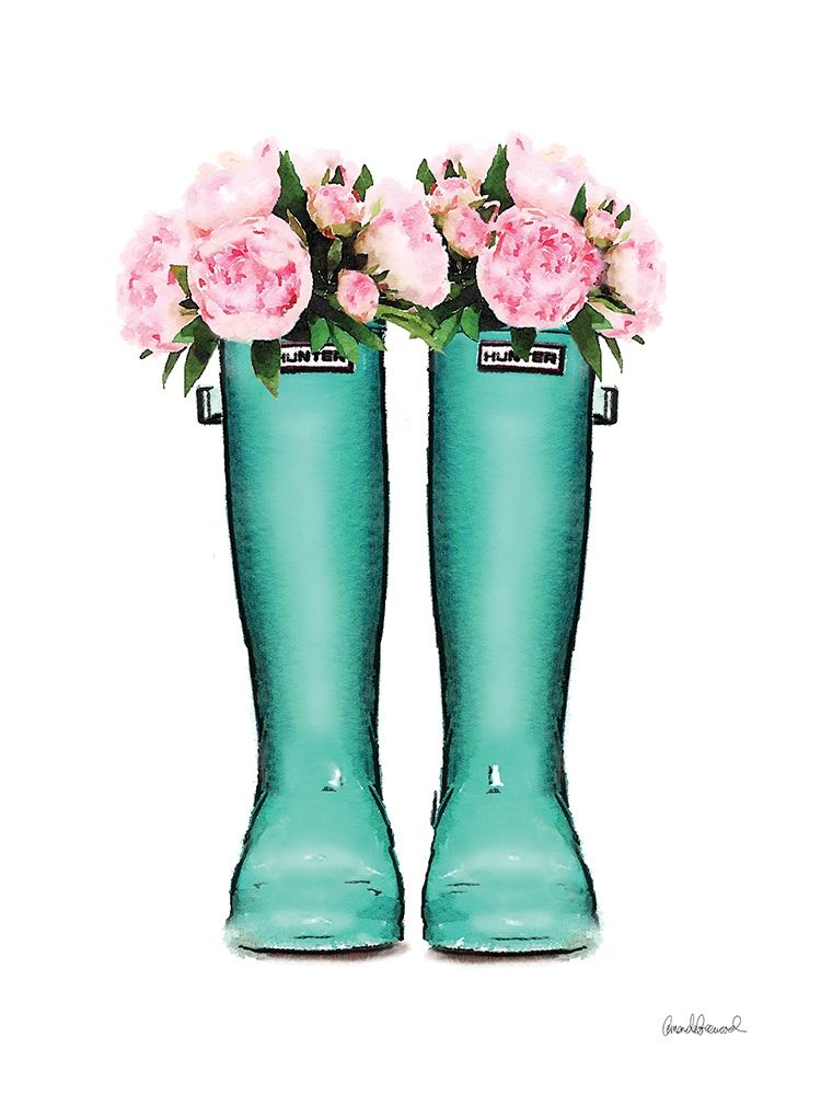 Teal Rain Boots with Peony Poster Print by Amanda Greenwood # AGD115484