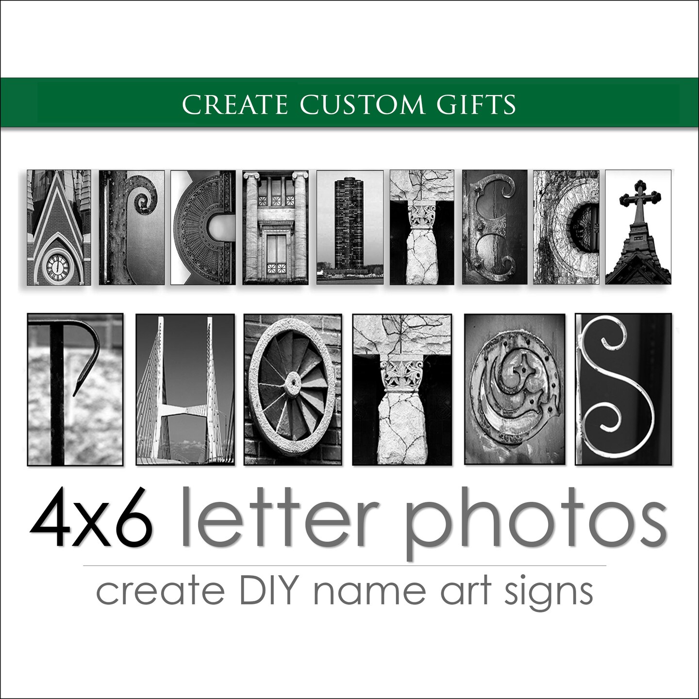 Letter Art Alphabet Photos for DIY Personalized Gifts. Custom Name Gifts. FAST Shipping. Over 1M Sold. Size: 4x6 BW Architecture Letters | MakerPlace by Michaels for Free Printable Alphabet Photography Letters
