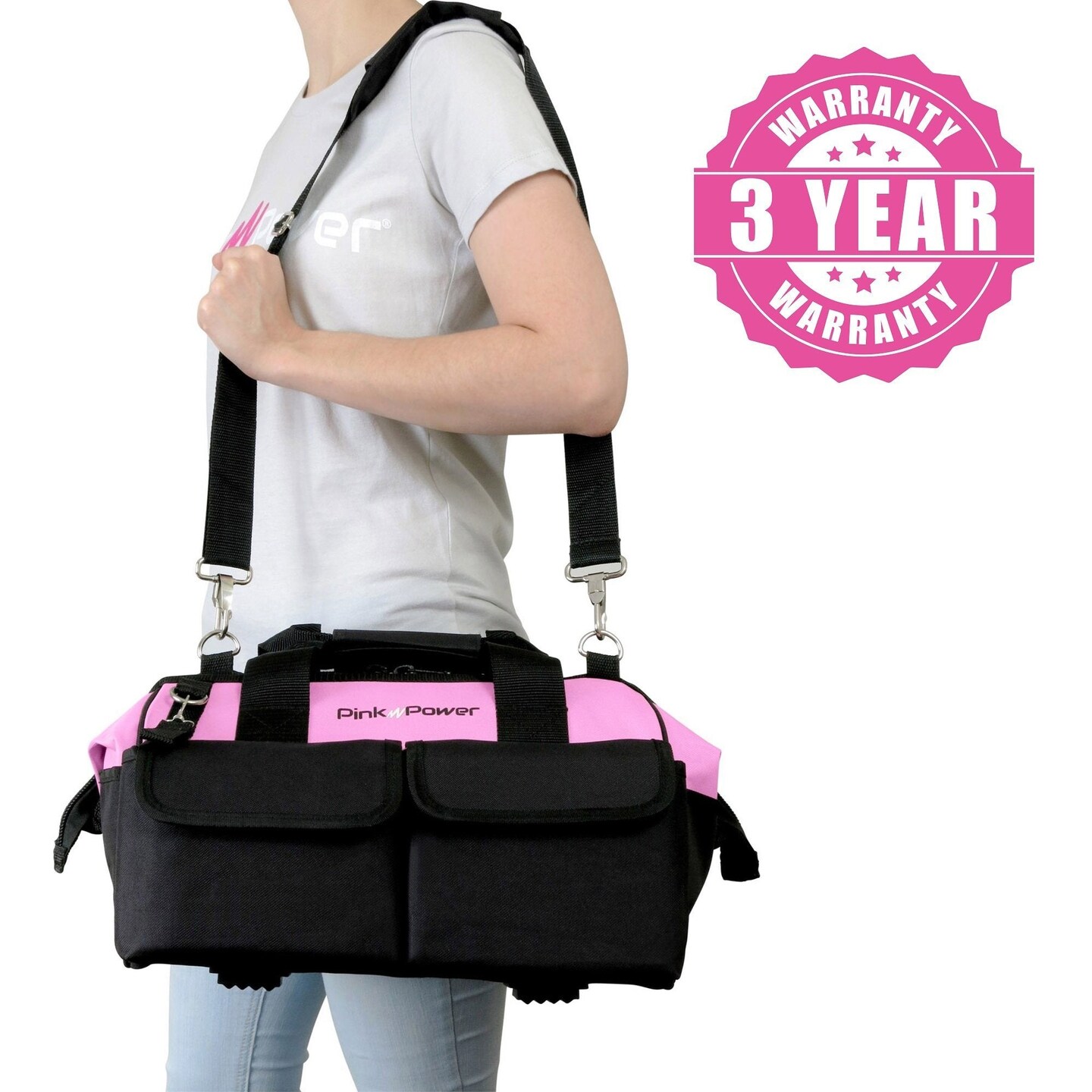 Pink Power Pink Tool Bag for Women -16" Tool Tote Bag w/ 22 Storage Pockets - Womens Small Tool Bag Ladies Tool Box for Hand Tools, Power Tool Kits & More - Womens Zipper Toolbag Tool Caddy Organizer