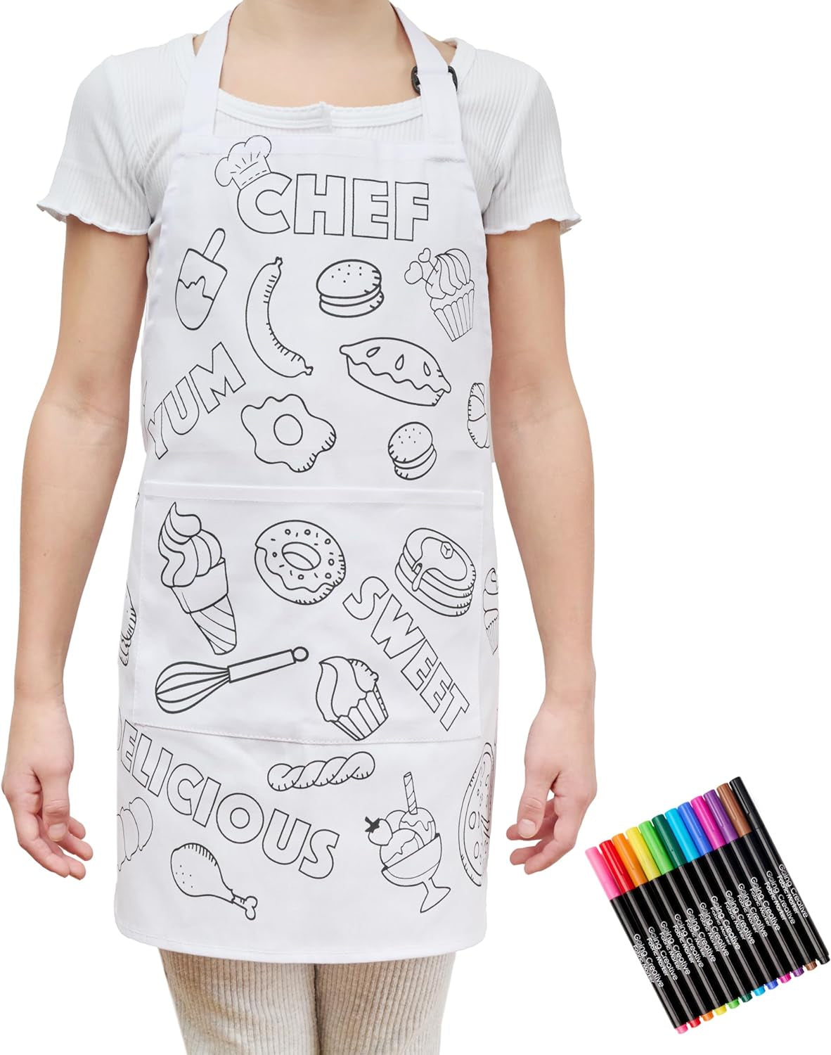 Color-An-Apron Kit - Interactive Coloring Kit with Favorite Foods &#x26; Words plus 12 Fabric Markers for Kids - Fun &#x26; Educational Craft for Young Chefs 4-10 Years Old
