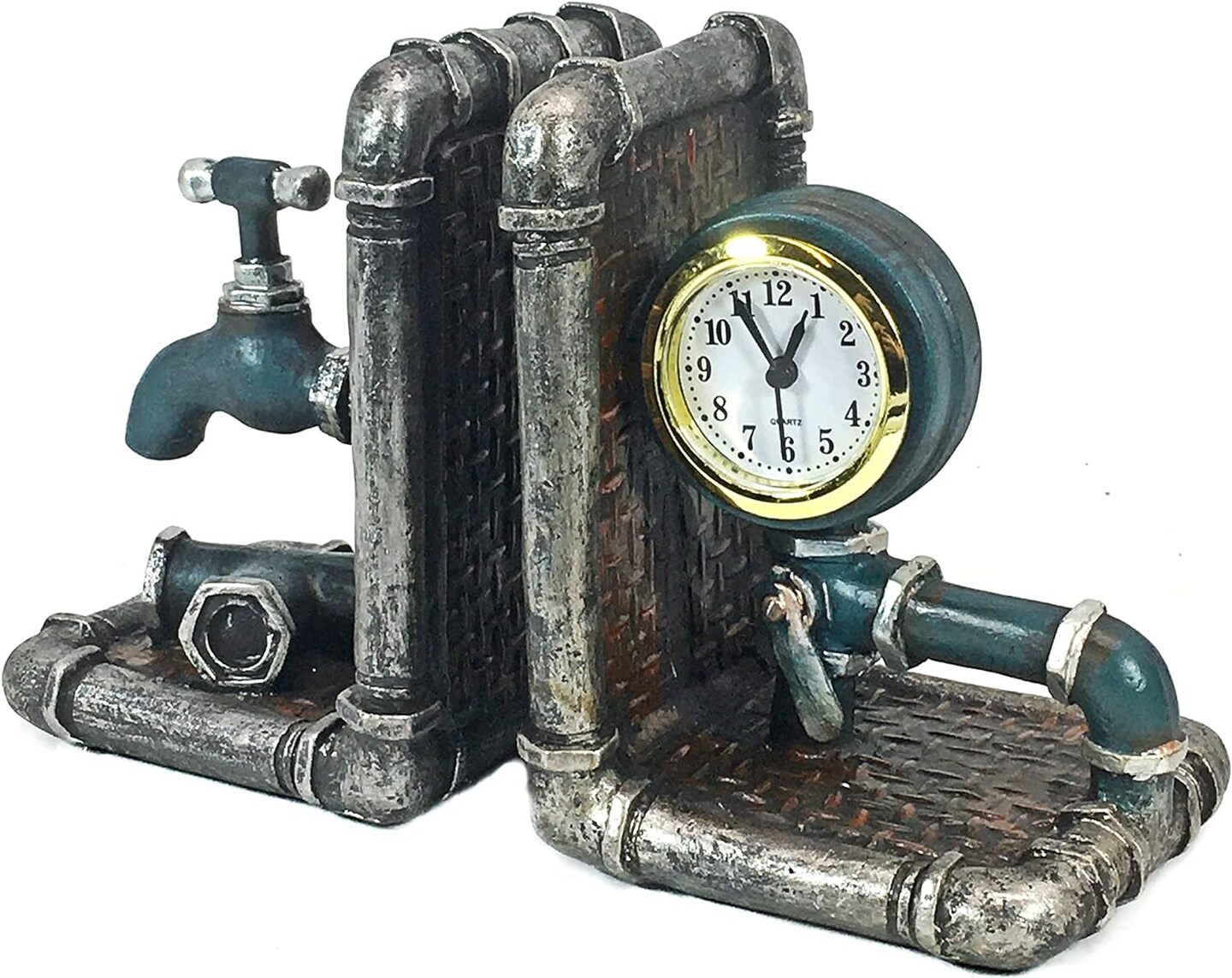 Industrial Tap Pipe Bookends, Decorative Book Ends for Bookshelves, Rustic and Vintage Decor for Home, Office Desk, and Bookcases Decoration, Handmade 8 Inch Polyresin, 2 Pcs