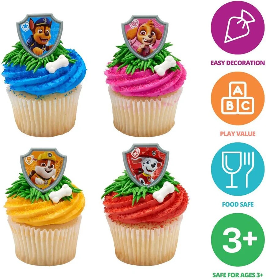 Paw Patrol Reporting For Duty Rings, Cupcake Decorations Featuring Chase, Marshall, Skye, And Rubble - 12 Pack