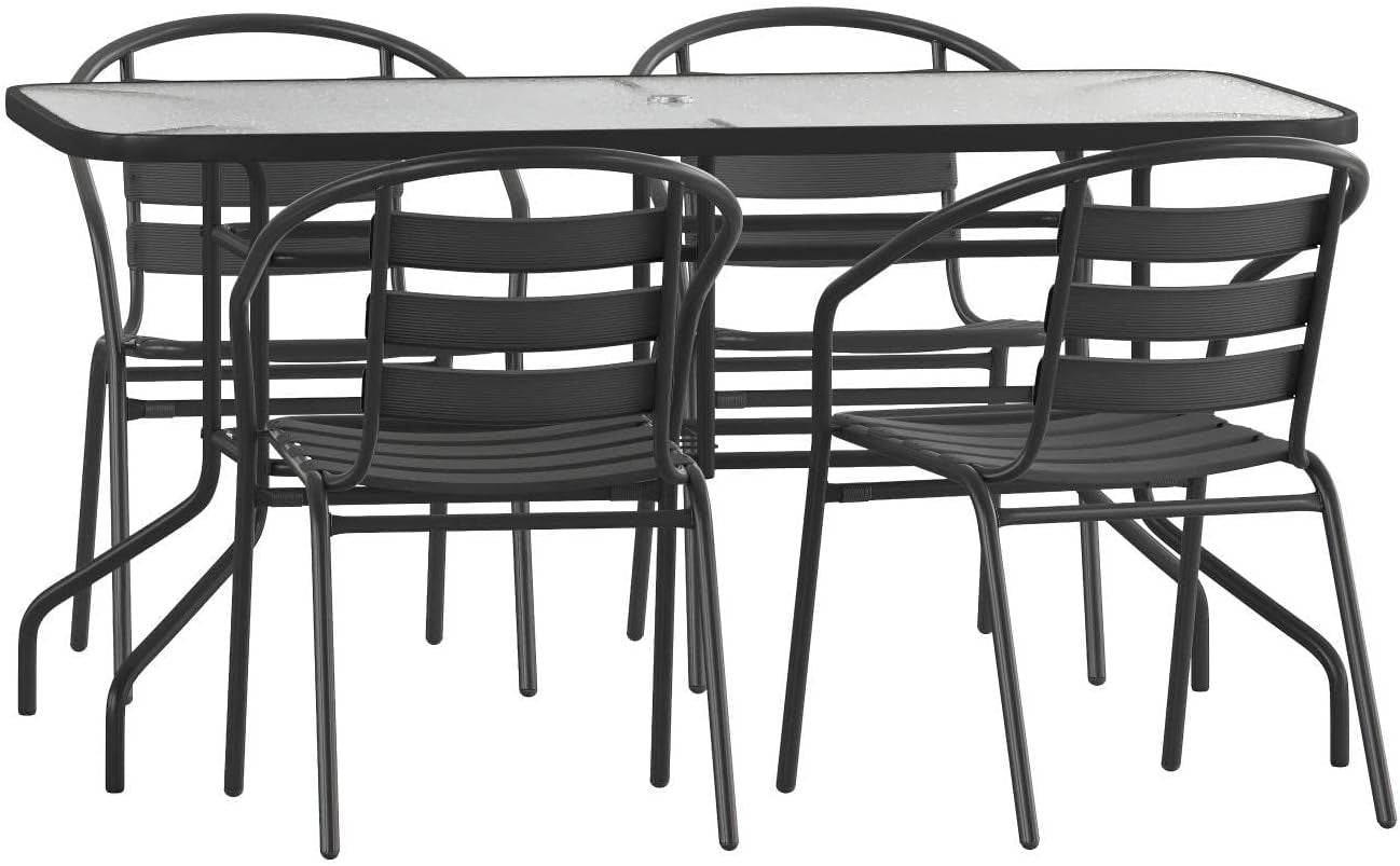 Lila 7 Piece Patio Dining Set - 55&#x22; Tempered Glass Patio Table with Umbrella Hole, 6 Black Metal Aluminum Slat Stack Chairs