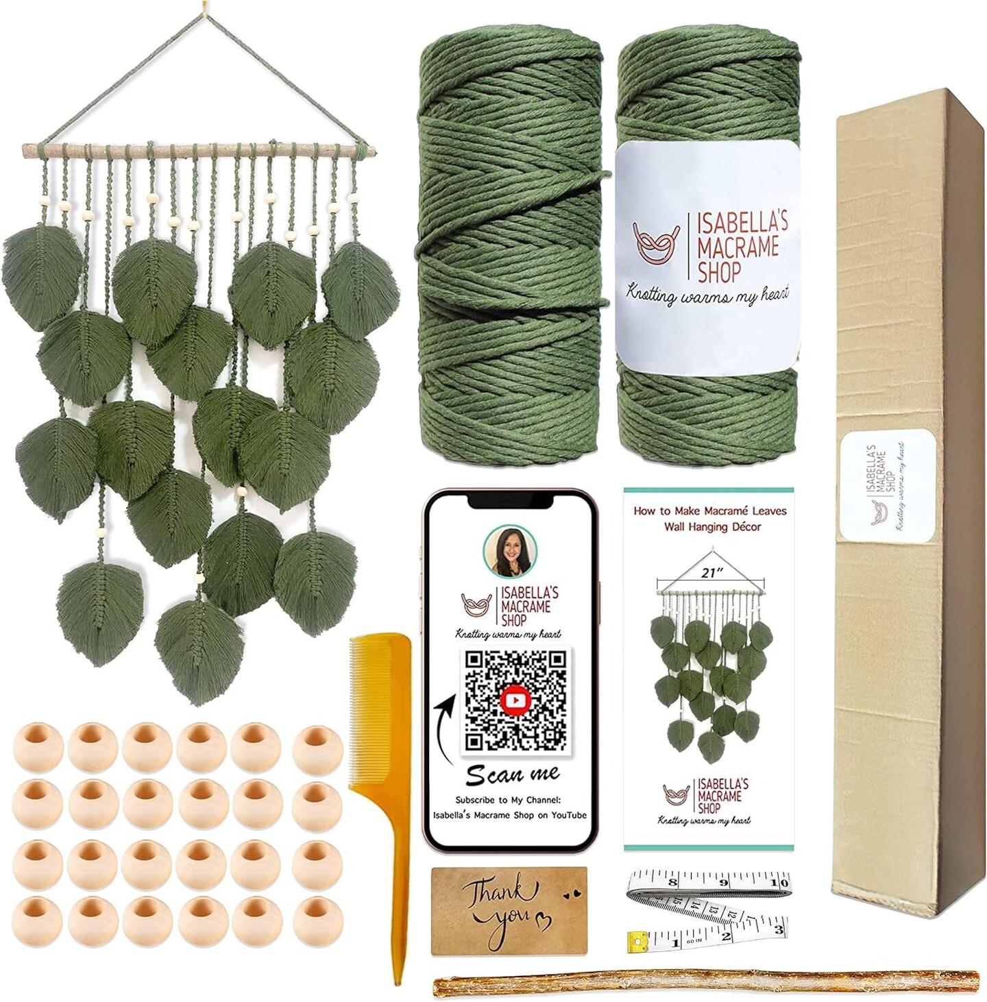 3Mmx180Yards Boho Macrame Kit -Macrame Supplies - Boho DIY Kits - Macrame Kits for Adults Beginners - Macrame Wall Hanging Kit -Leaf Tapestry, with 2 Macrame Rolls, Accessories &#x26; QR Code (Green)