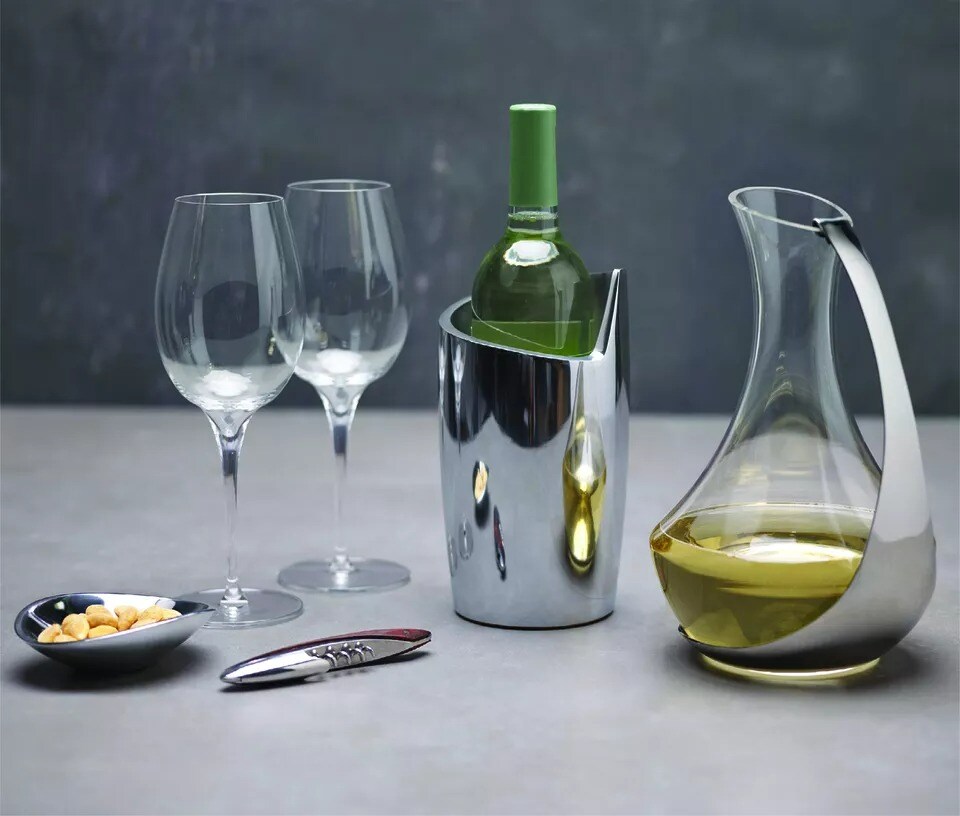Nambe Vie Glass Wine Pitcher with Stainless Steel Handle, 10.75&#x201D; H x 6.5&#x201D; W