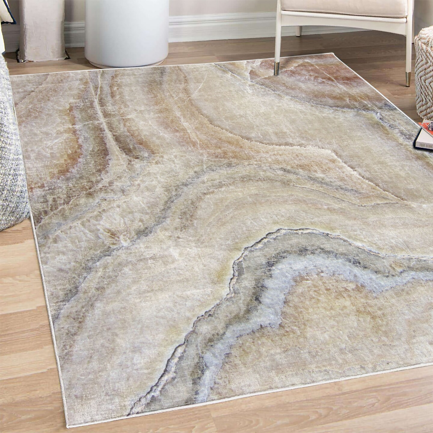 Ambesonne Marble Print Decorative Rug, Surreal Onyx Stone Surface Pattern Pale Blue Details Picturesque Art, Quality Carpet for Bedroom Dorm and Living Room, Cinnamon Beige Tan