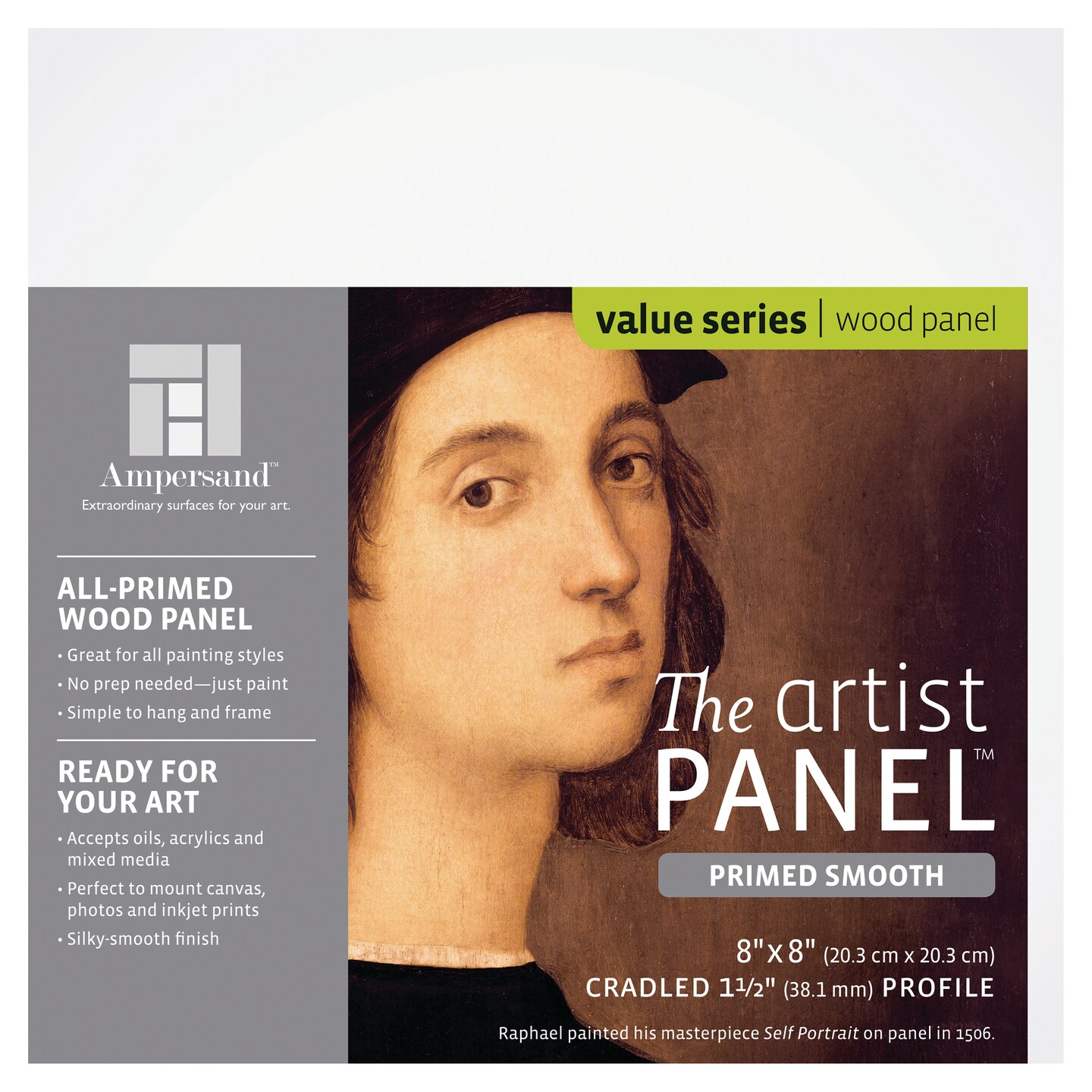 Ampersand Art Artist Panels, Primed Smooth, Cradled, 1-1/2&#x22; Profile, 8&#x22; x 8&#x22;
