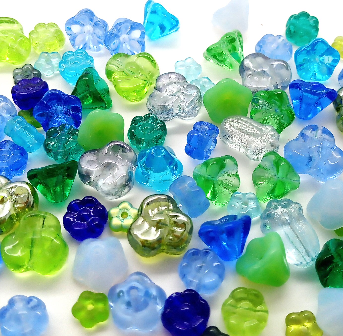 Green &#x26; Blue Glass Flower Bead Mix, 50 Assorted Pieces, Adorabilities