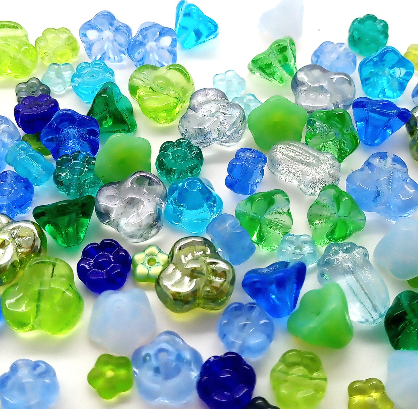 Blue &#x26; Green Glass Flowers Bead Mix, 50 pieces, Assorted Styles, Adorabilities