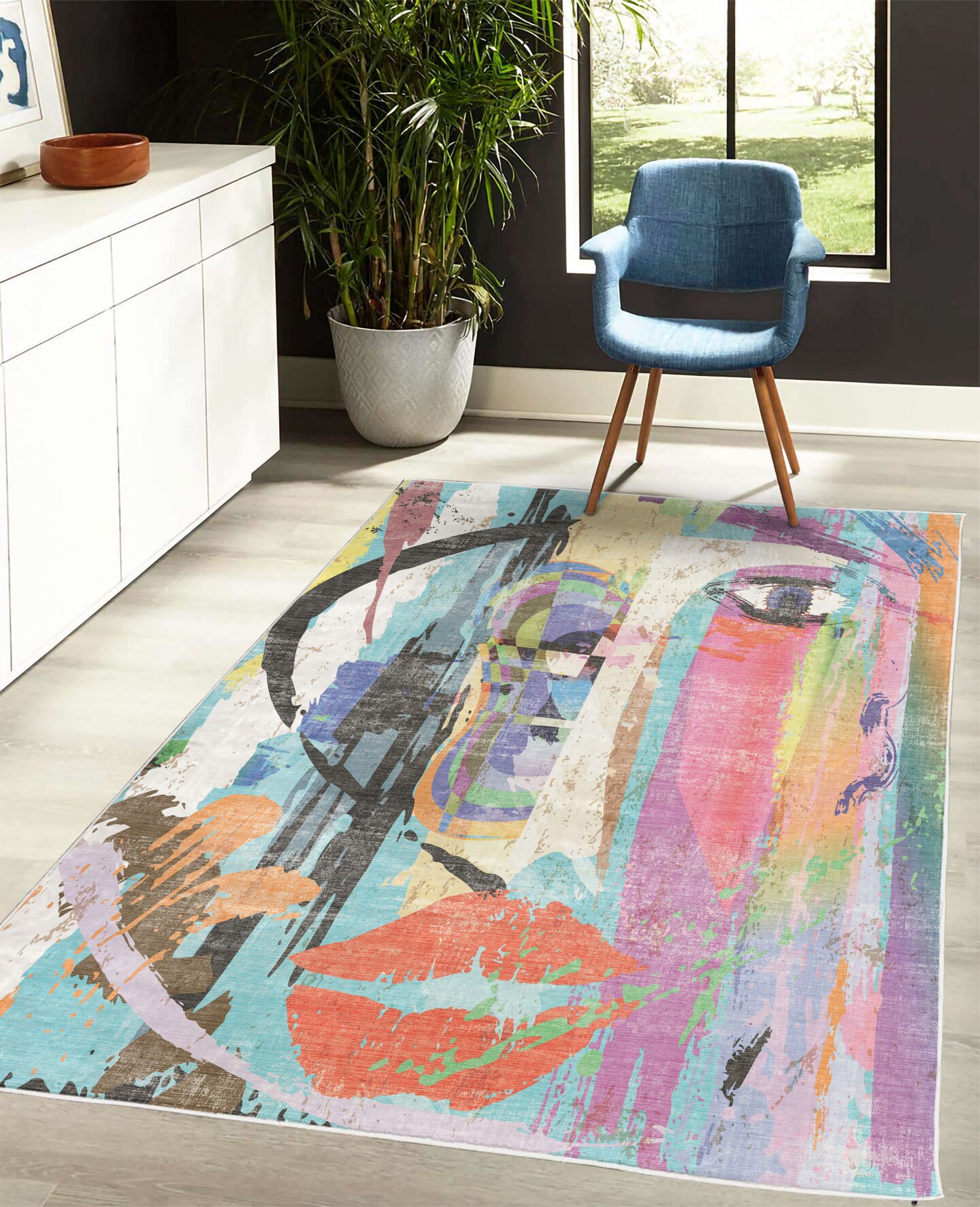 Ambesonne Abstract Decorative Rug, Woman Face Art Composition Paint Strokes and Splashes Eye Red Lips Grungy Artwork, Quality Carpet for Bedroom Dorm and Living Room, Multicolor