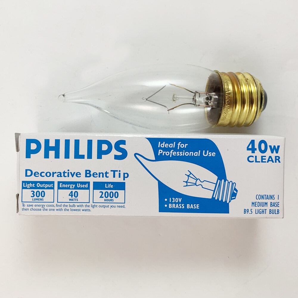 Philips 40w B9.5 Flame Decorative Bent Tip Incandescent Light Bulb