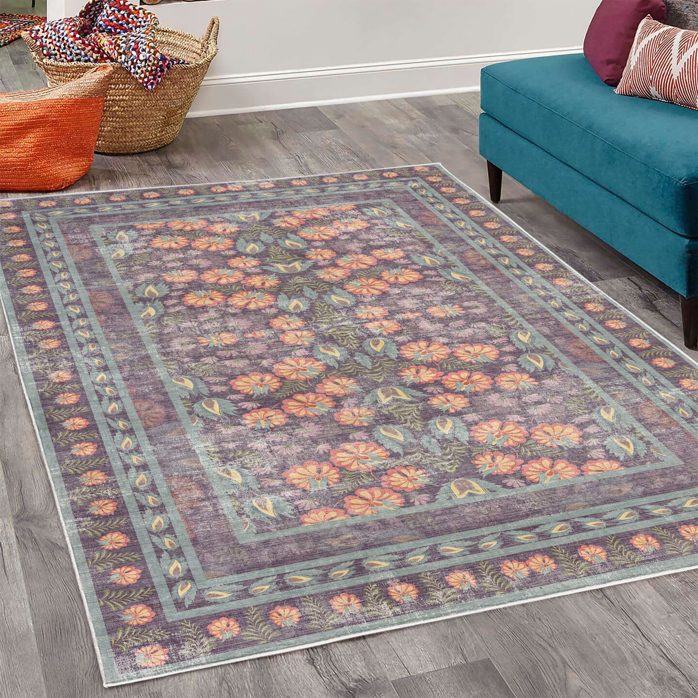 Ambesonne Folk Art Decorative Rug, Bohemian Themed Peachy Ethnic Flowers and Traditional Botanical Details, Quality Carpet for Bedroom Dorm and Living Room, Plum and Blue Grey