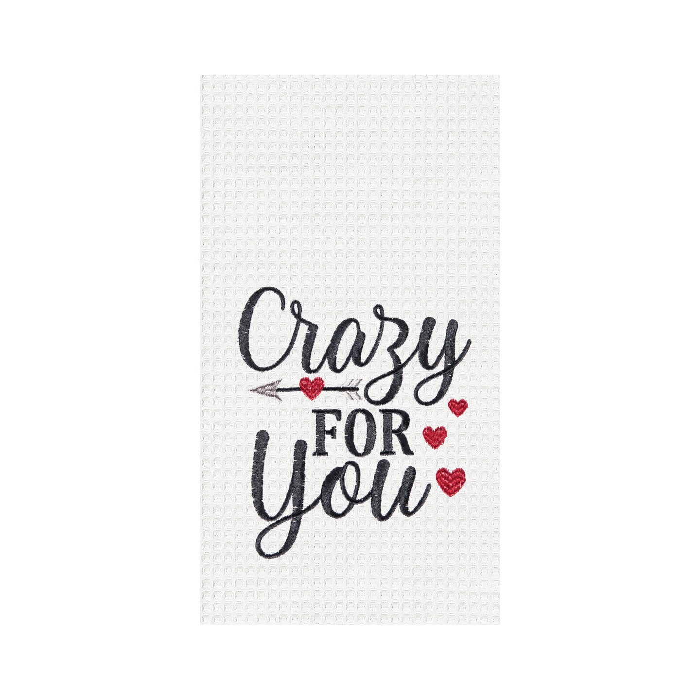 Valentine&#x27;s Day &#x22;Crazy For You&#x22; Embroidered Waffle Weave Kitchen Dishtowel