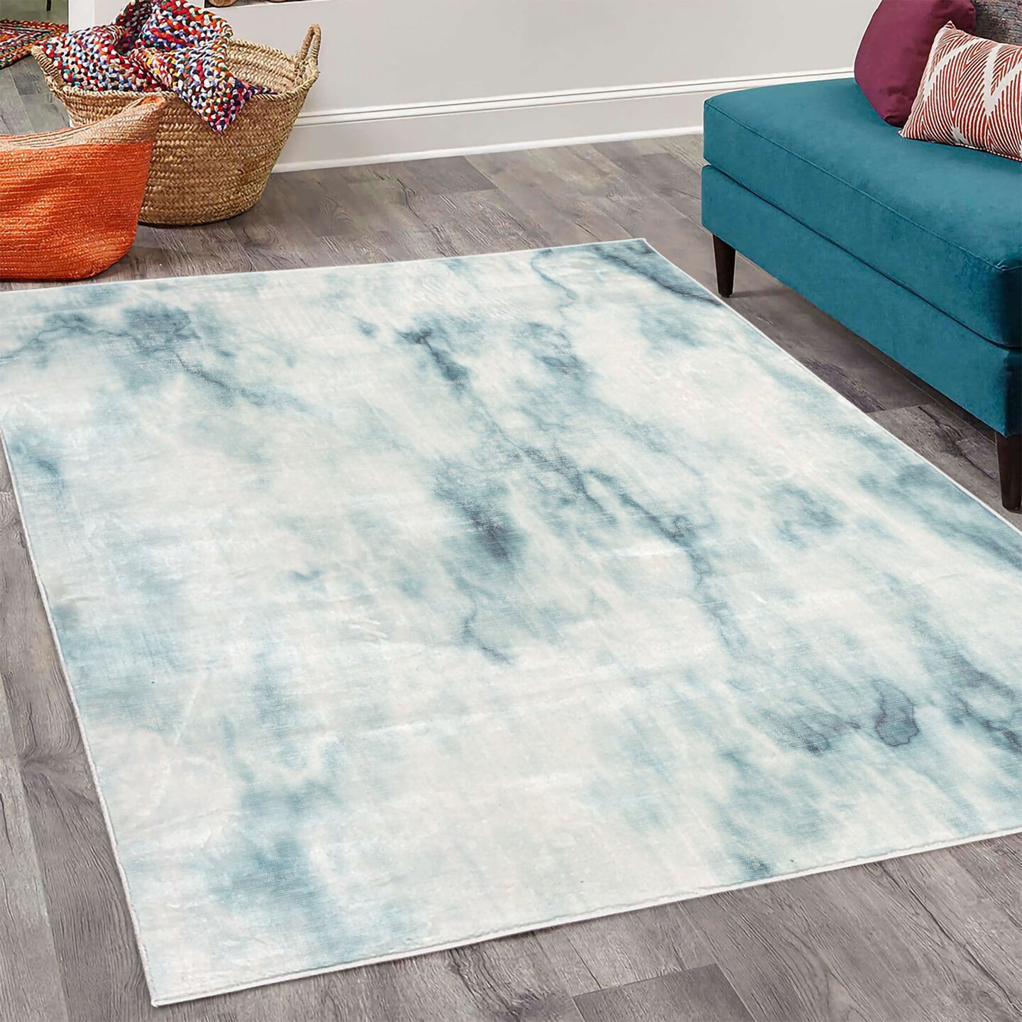 Ambesonne Nature Decorative Rug, Fluffy Cloud Skyline Like Marble Motif Grunge and Retro Features Artwork Image Print, Quality Carpet for Bedroom Dorm and Living Room, Turquoise
