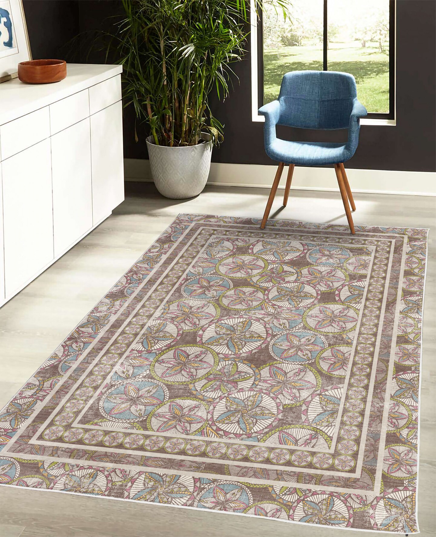 Ambesonne Floral Decorative Rug, Exotic Flower Petals in Rounds Geometric Tropical Jungle Composition, Quality Carpet for Bedroom Dorm and Living Room, Eggplant Blue and Green