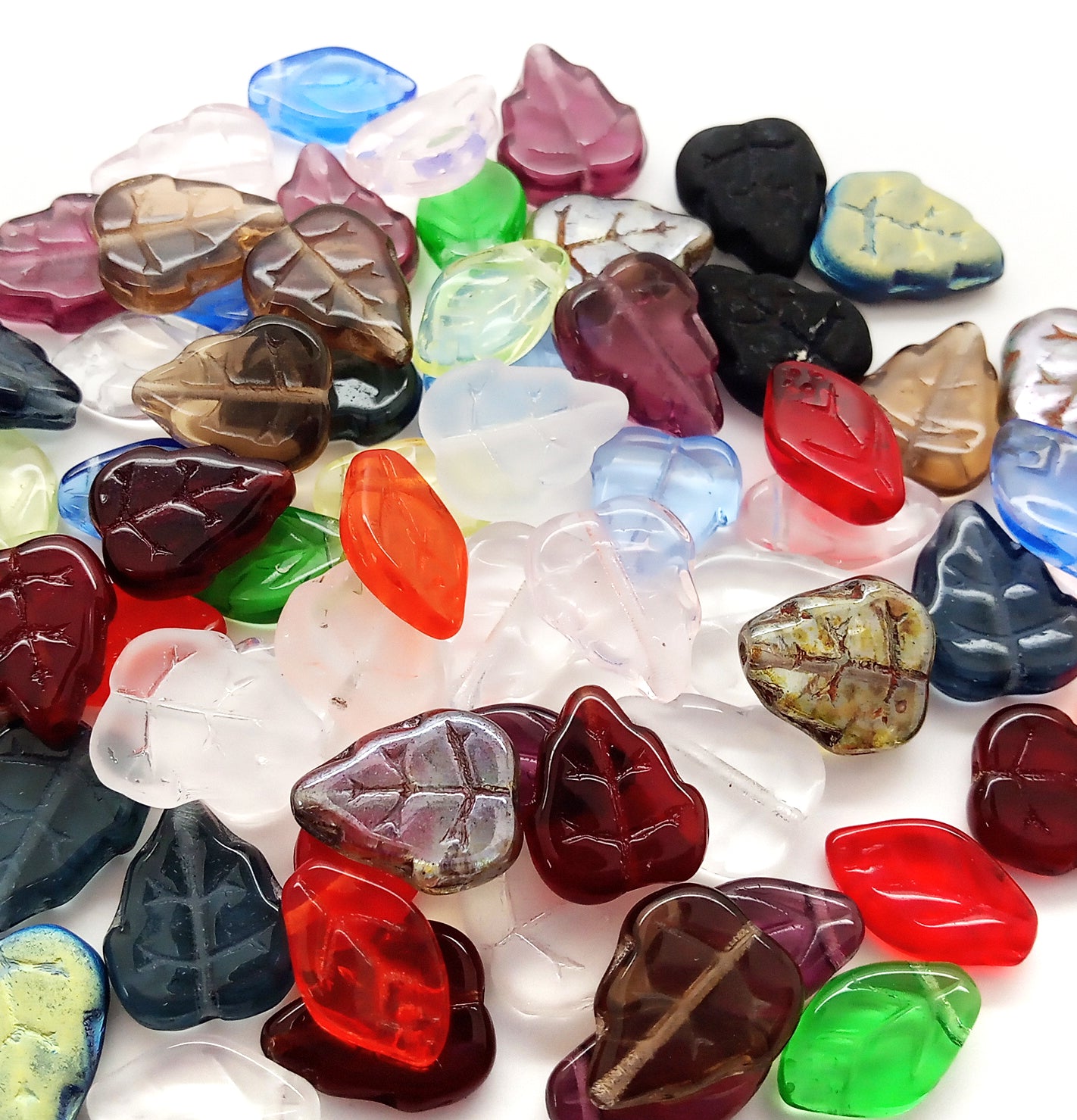 Glass Leaf Bead Mix, 50 pieces, Assorted Colors &#x26; Styles of Leaves, Adorabilities