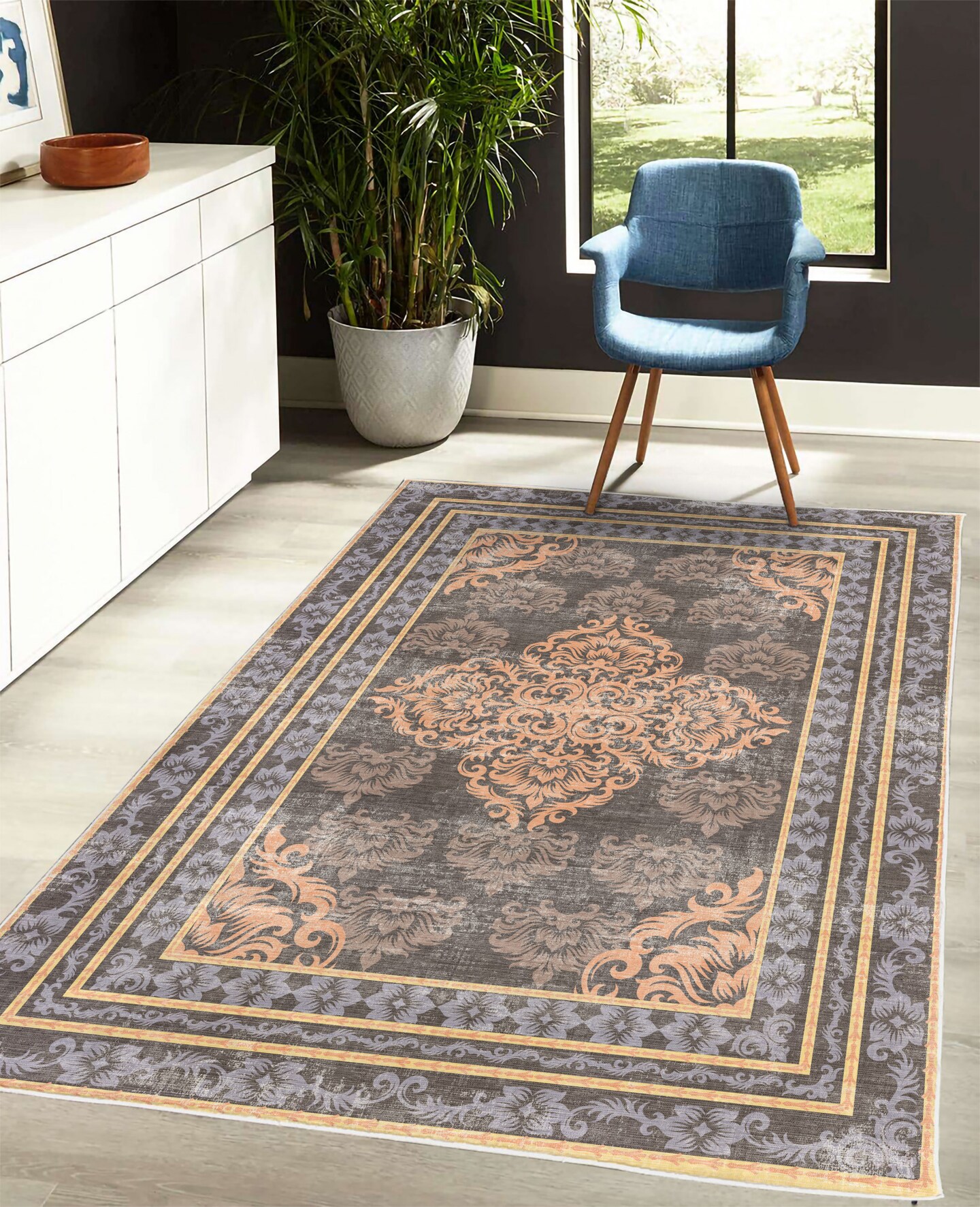 Ambesonne Damask Decorative Rug, Curlicue Design Traditional Flourishes in Retro Themed Flowers Artwork, Quality Carpet for Bedroom Dorm and Living Room, Mauve Peach and Grey