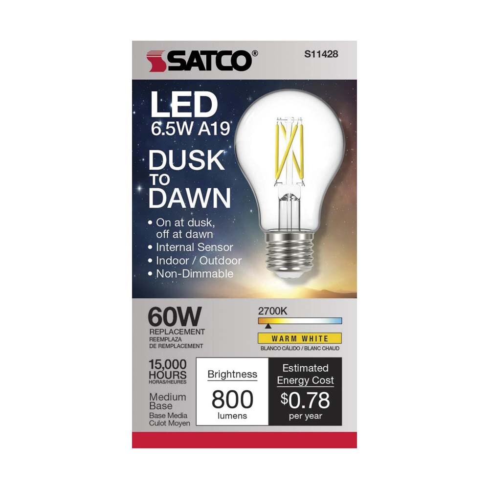 Satco 6.5w A19 LED Dusk to Dawn w/ PhotoCell 2700K Medium base 120v - 60w-equiv
