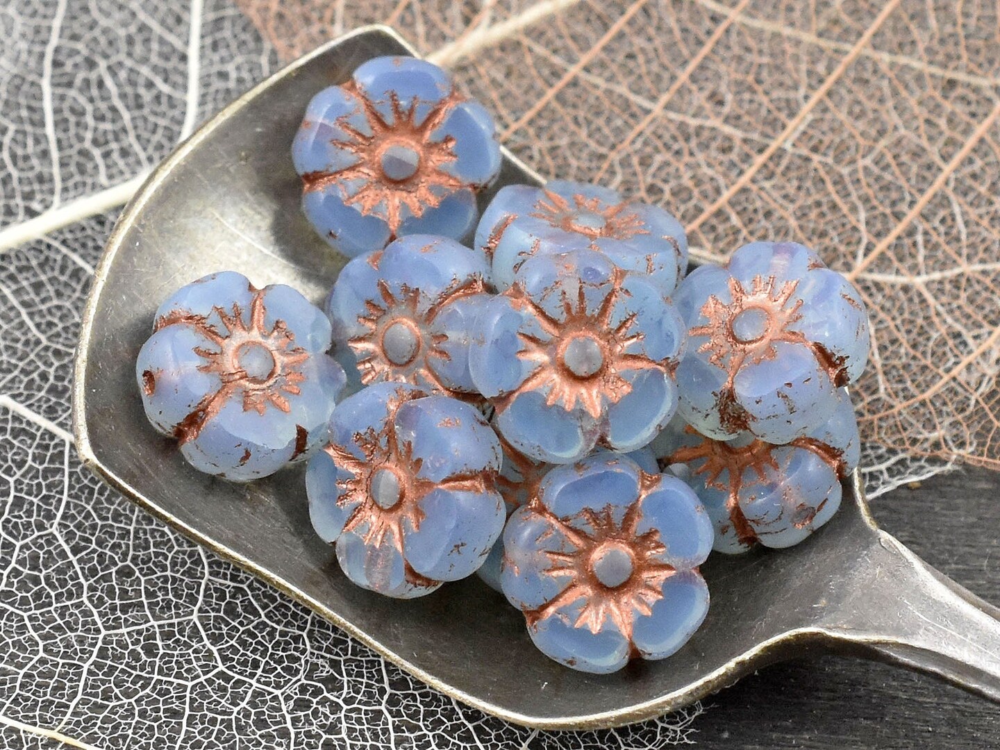*16* 9mm Copper Washed Blue Opaline Table Cut Hawaiian Flower Beads