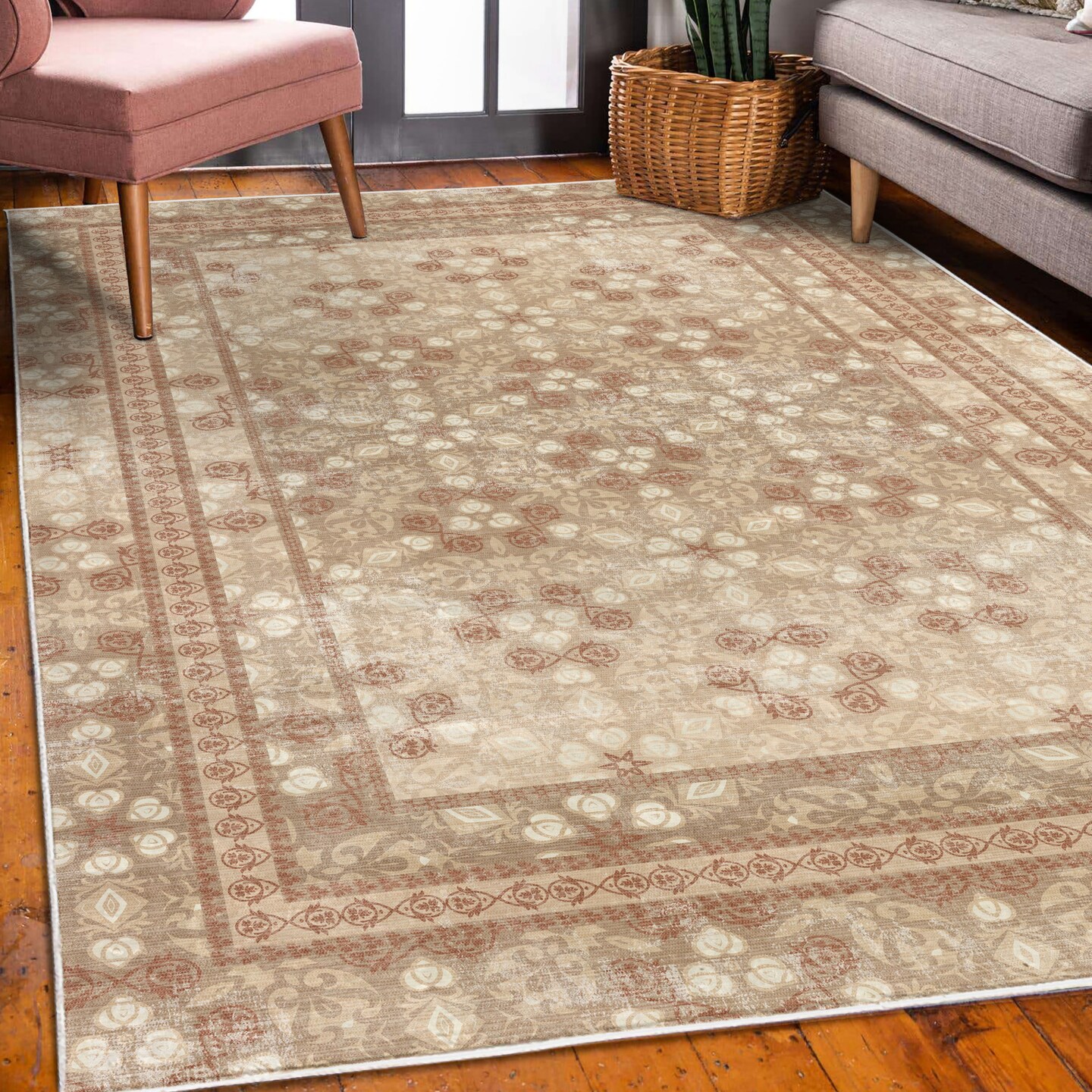 Ambesonne Vintage Decorative Rug, Nostalgic Retro Floral Petals Pastel Look Damask Check Victorian Motif, Quality Carpet for Bedroom Dorm and Living Room, Pale Rust and Cocoa