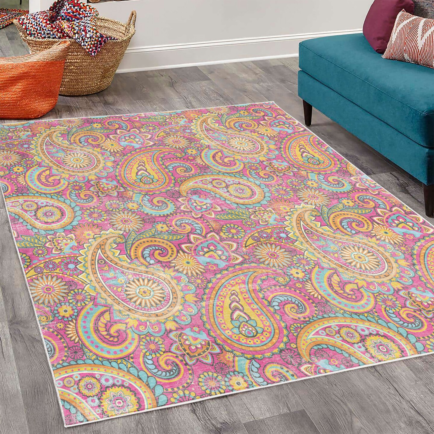Ambesonne Paisley Decorative Rug, Mandala Florals Based on Traditional Eastern Oriental Pastel Color Graphic Design, Quality Carpet for Bedroom Dorm and Living Room, Multicolor