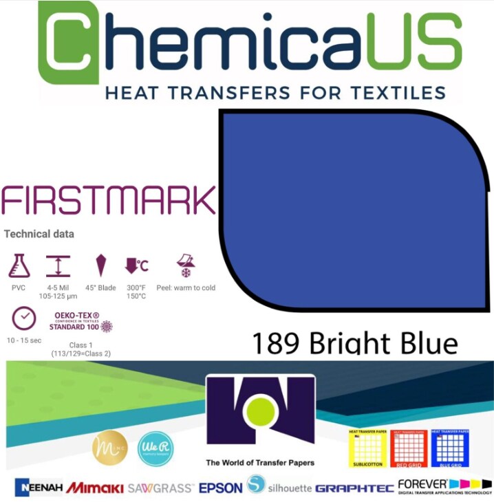 USA 15" x 22 Yds Chemica FirstMark Heat Transfer Vinyl BRIGHT BLUE CH-189 HTV