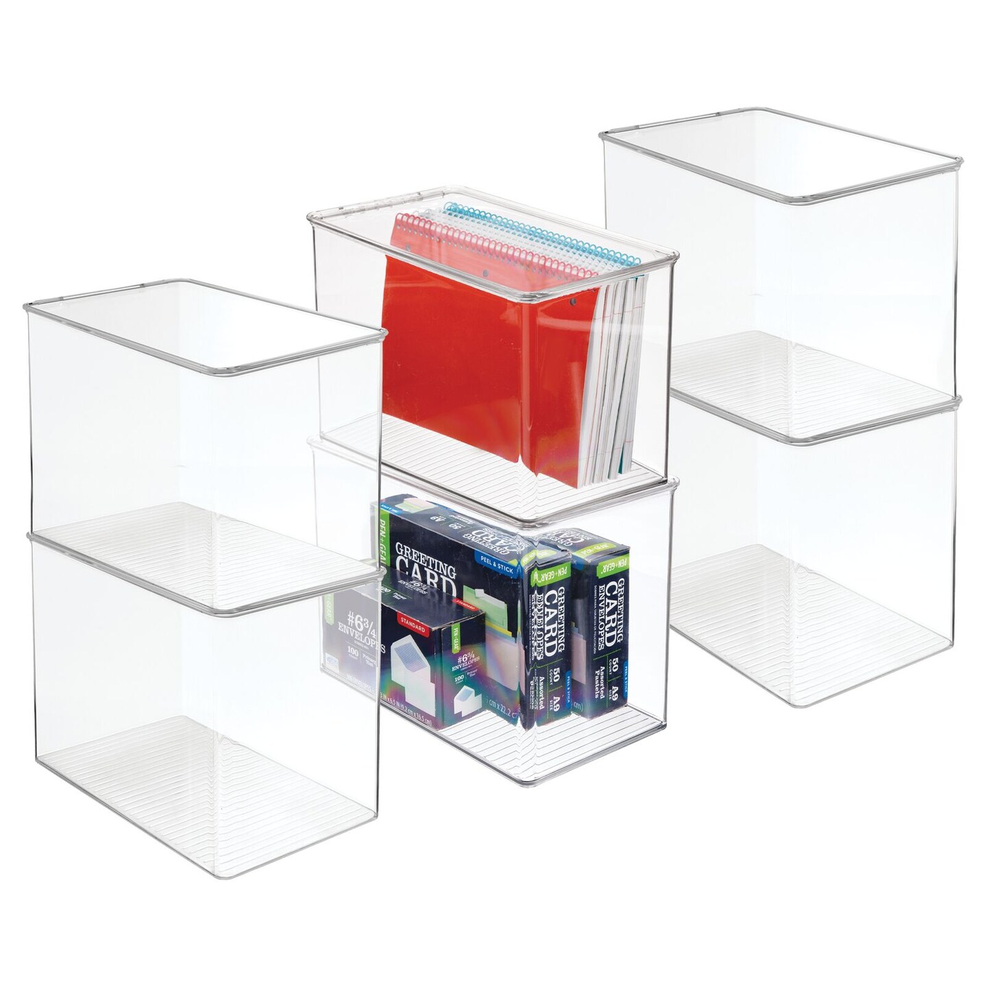 mDesign Plastic Stackable Office Storage Box with Hinge Lid, 6 Pack - Clear